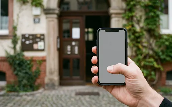 Anfrage per Smartphone vor einem Mehrfamilienhaus in Köln