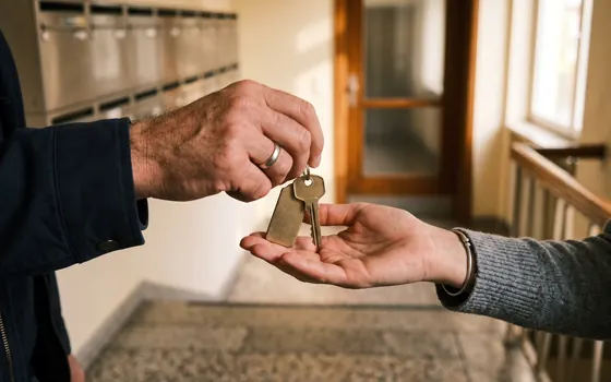 Schlüsselübergabe im Eingangsbereich eines Wohnhauses
