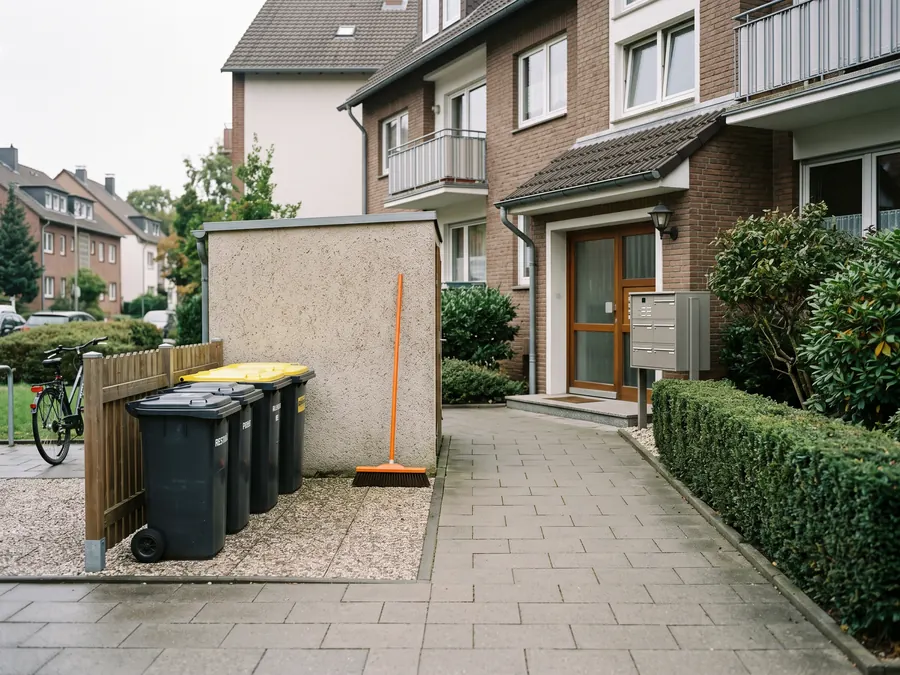 Gekehrter Eingangsbereich mit Tonnenstellplatz an einem Mehrfamilienhaus in Niederkassel