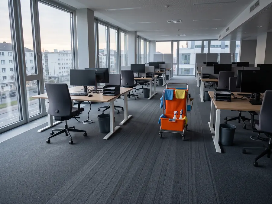 Frisch gereinigte Bürofläche eines Gewerbebetriebs in Bonn am frühen Morgen