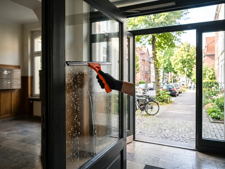 Glasreinigung der Eingangstür eines Wohnhauses im Rhein-Sieg-Kreis