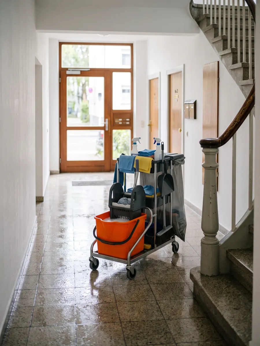 Reinigungswagen im Hausflur eines Mehrfamilienhauses in Köln